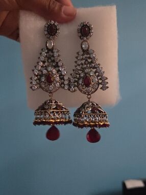 Red and Gold Crystal Jhumka Earrings - Women Jewelry